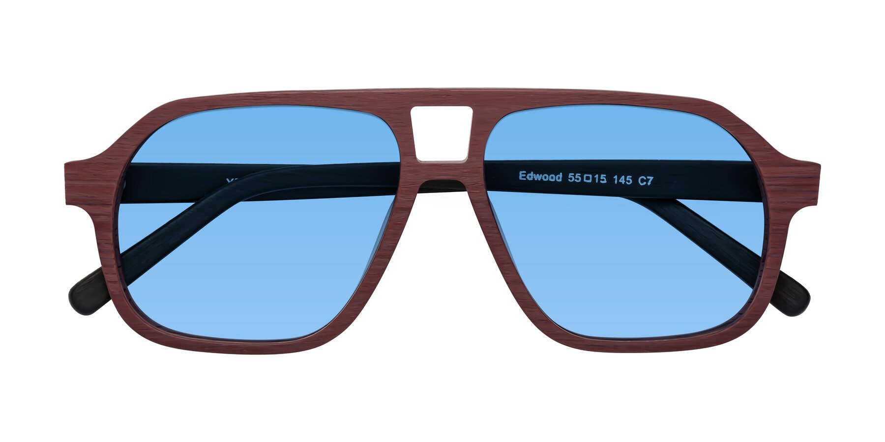 Folded Front of Edwood in Burgundy-Black Woodgrain with Medium Blue Tinted Lenses