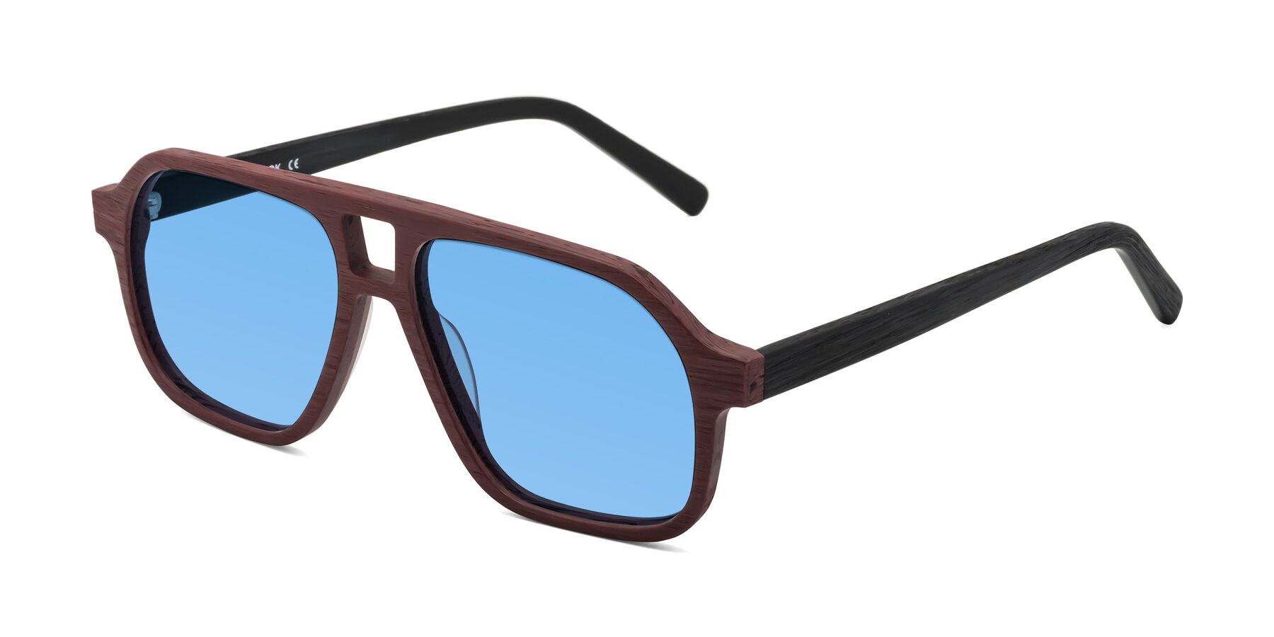 Angle of Edwood in Burgundy-Black Woodgrain with Medium Blue Tinted Lenses