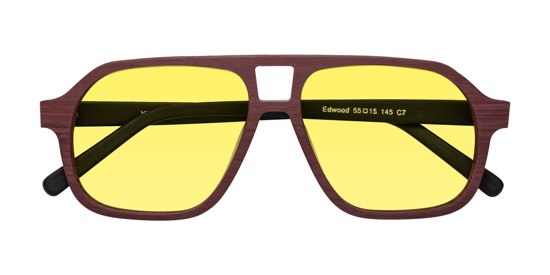 Folded Front of Edwood in Burgundy-Black Woodgrain with Medium Yellow Tinted Lenses