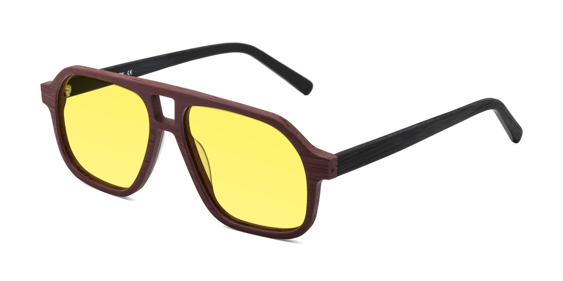 Angle of Edwood in Burgundy-Black Woodgrain with Medium Yellow Tinted Lenses