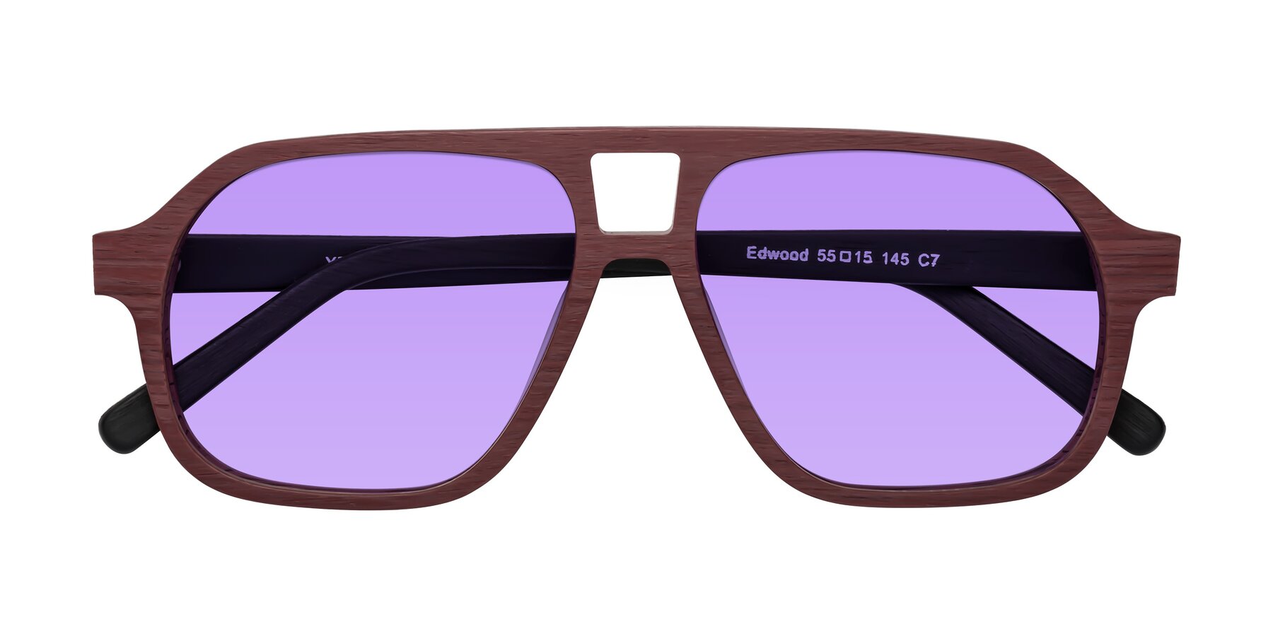 Folded Front of Edwood in Burgundy-Black Woodgrain with Medium Purple Tinted Lenses