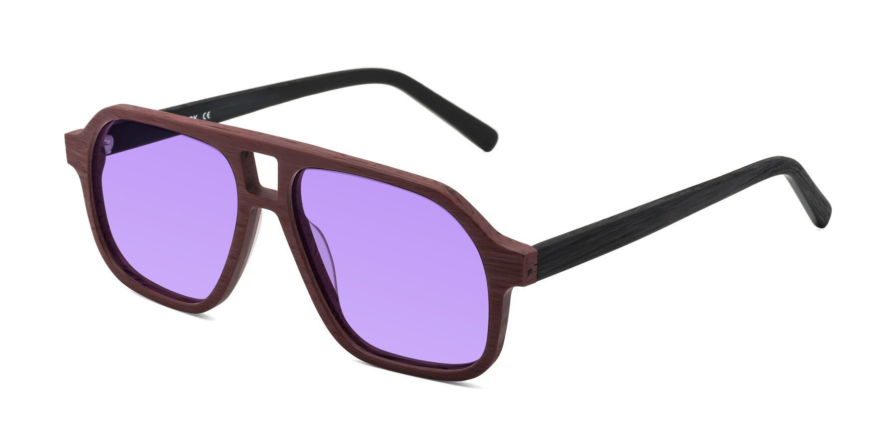 Angle of Edwood in Burgundy-Black Woodgrain with Medium Purple Tinted Lenses