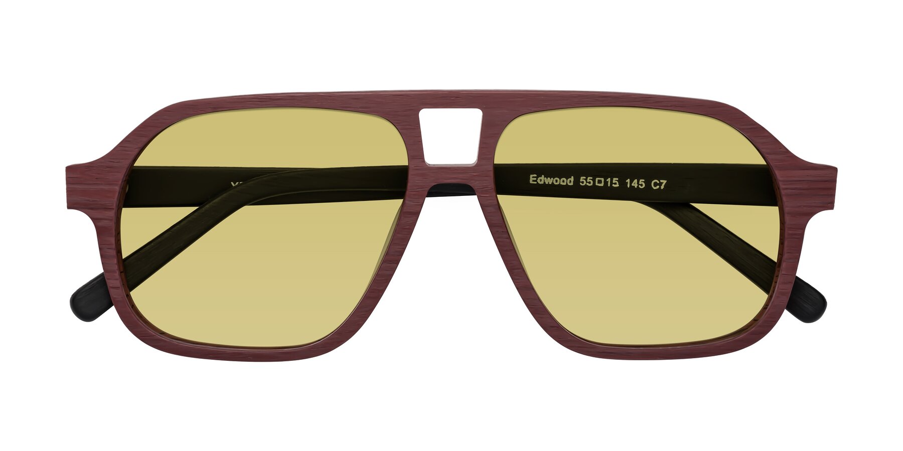 Folded Front of Edwood in Burgundy-Black Woodgrain with Medium Champagne Tinted Lenses