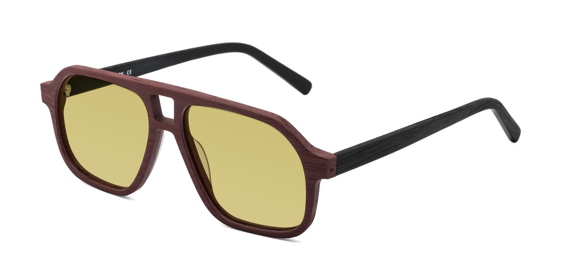 Angle of Edwood in Burgundy-Black Woodgrain with Medium Champagne Tinted Lenses