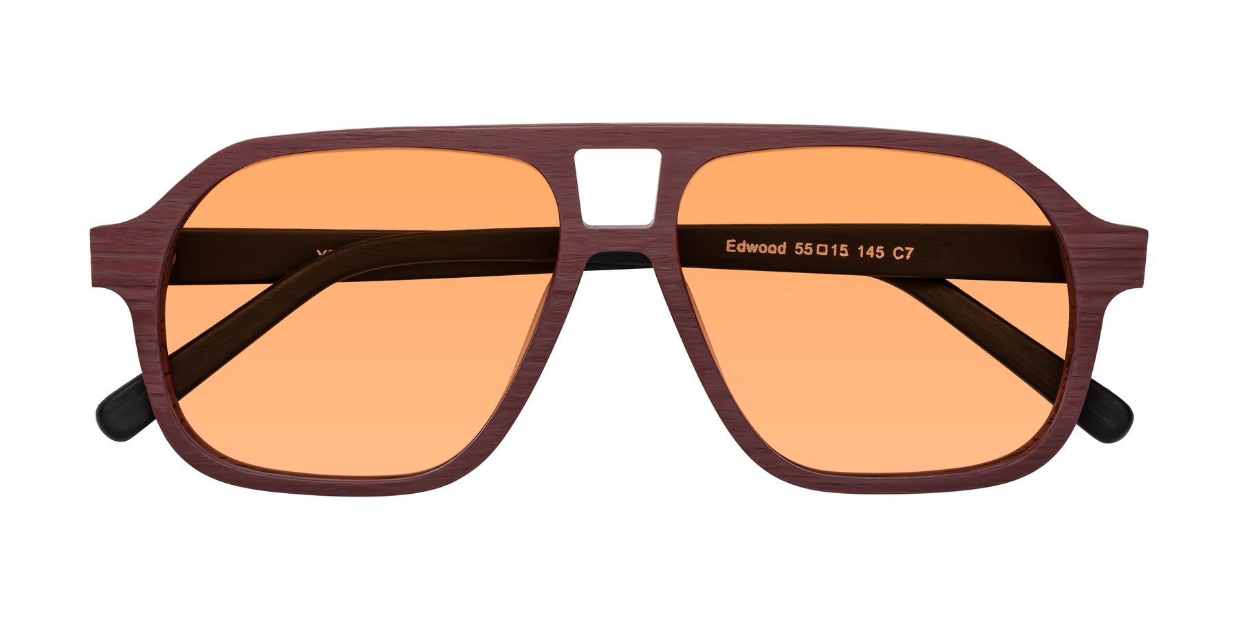 Folded Front of Edwood in Burgundy-Black Woodgrain with Medium Orange Tinted Lenses