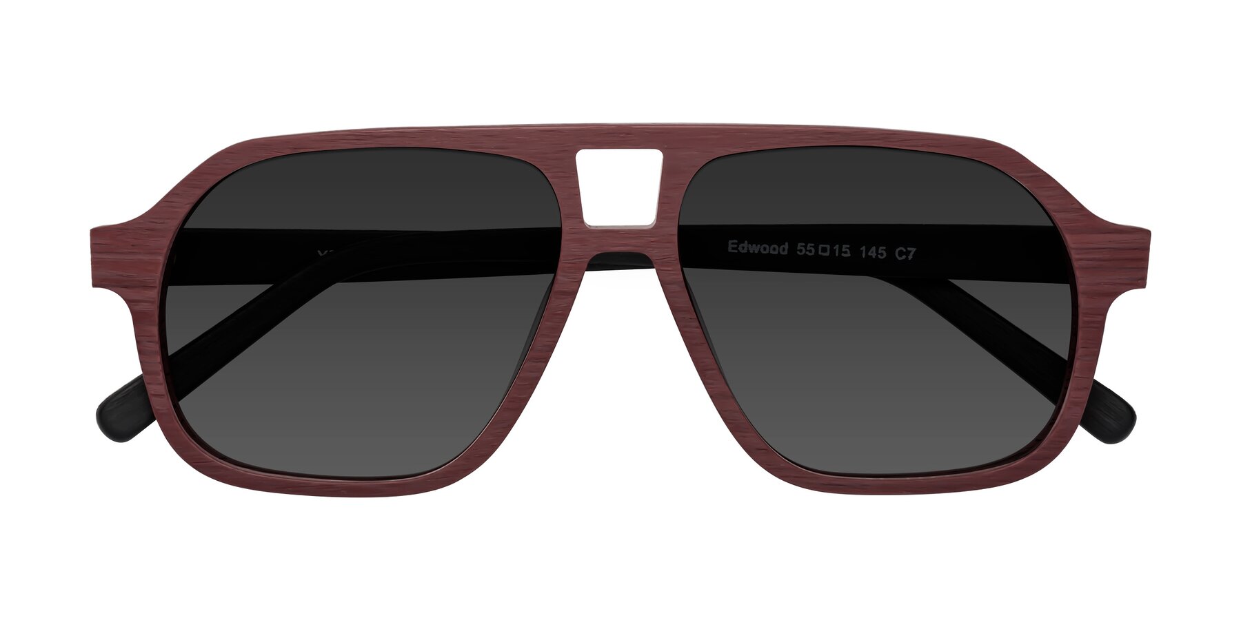 Folded Front of Edwood in Burgundy-Black Woodgrain with Gray Tinted Lenses