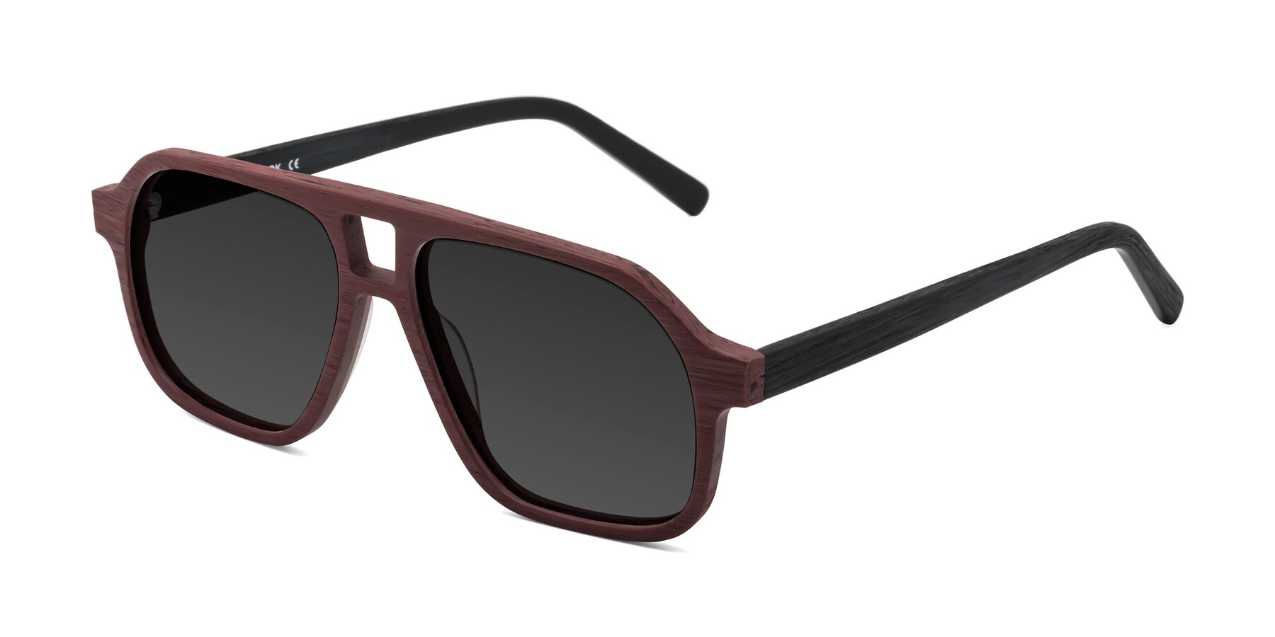 Angle of Edwood in Burgundy-Black Woodgrain with Gray Tinted Lenses