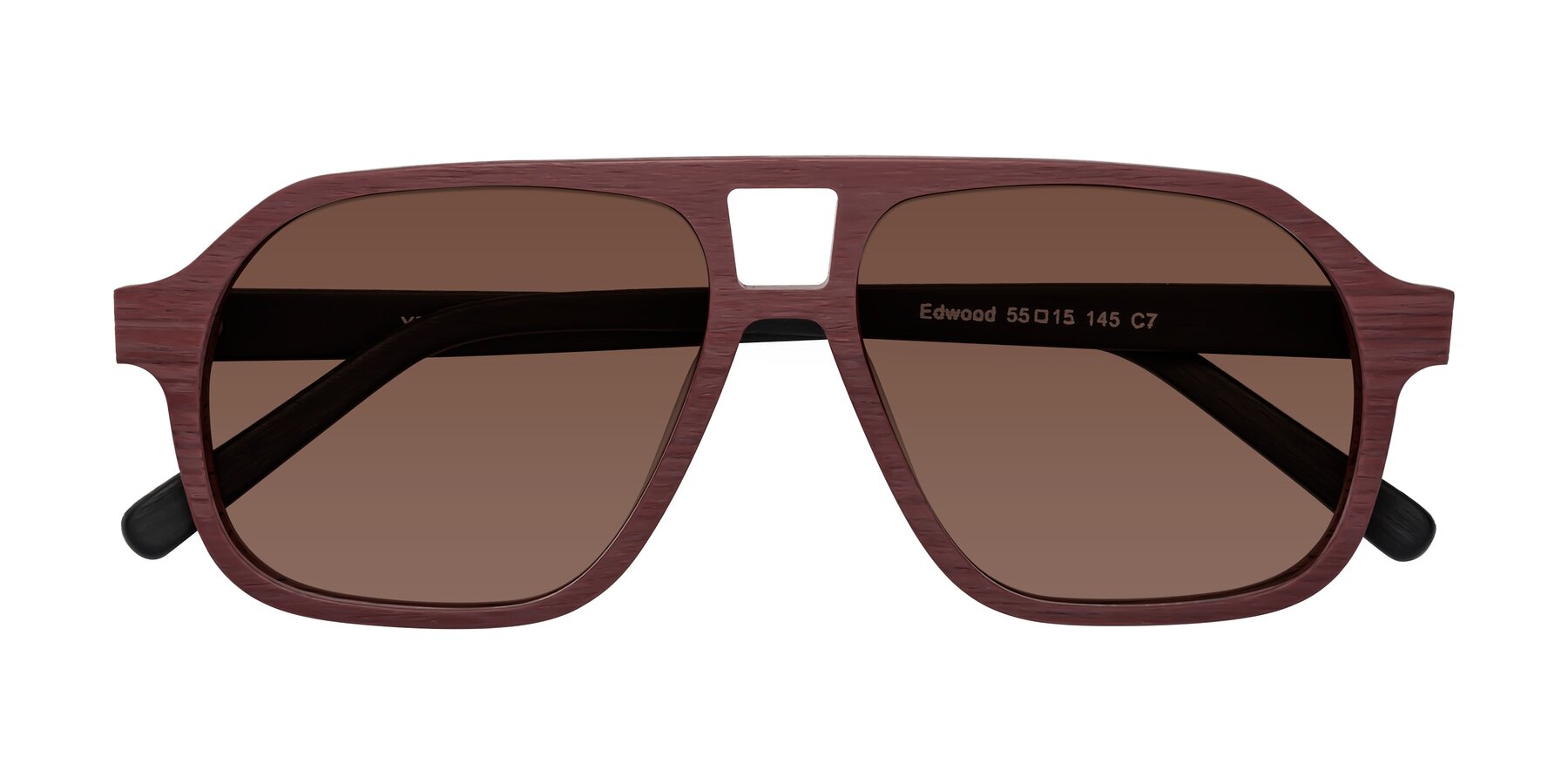 Folded Front of Edwood in Burgundy-Black Woodgrain with Brown Tinted Lenses