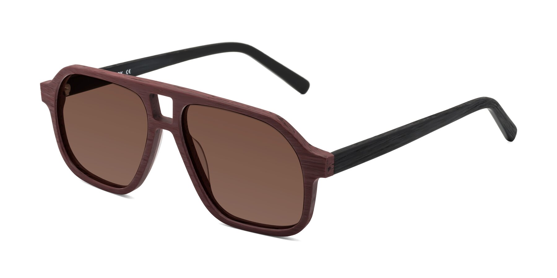 Angle of Edwood in Burgundy-Black Woodgrain with Brown Tinted Lenses