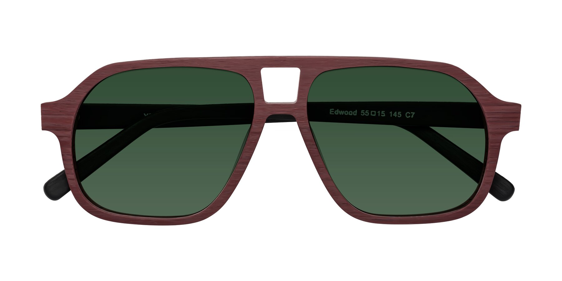 Folded Front of Edwood in Burgundy-Black Woodgrain with Green Tinted Lenses