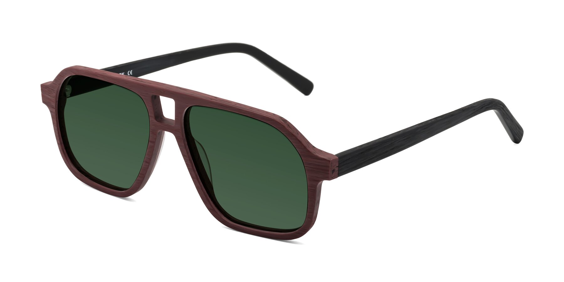 Angle of Edwood in Burgundy-Black Woodgrain with Green Tinted Lenses