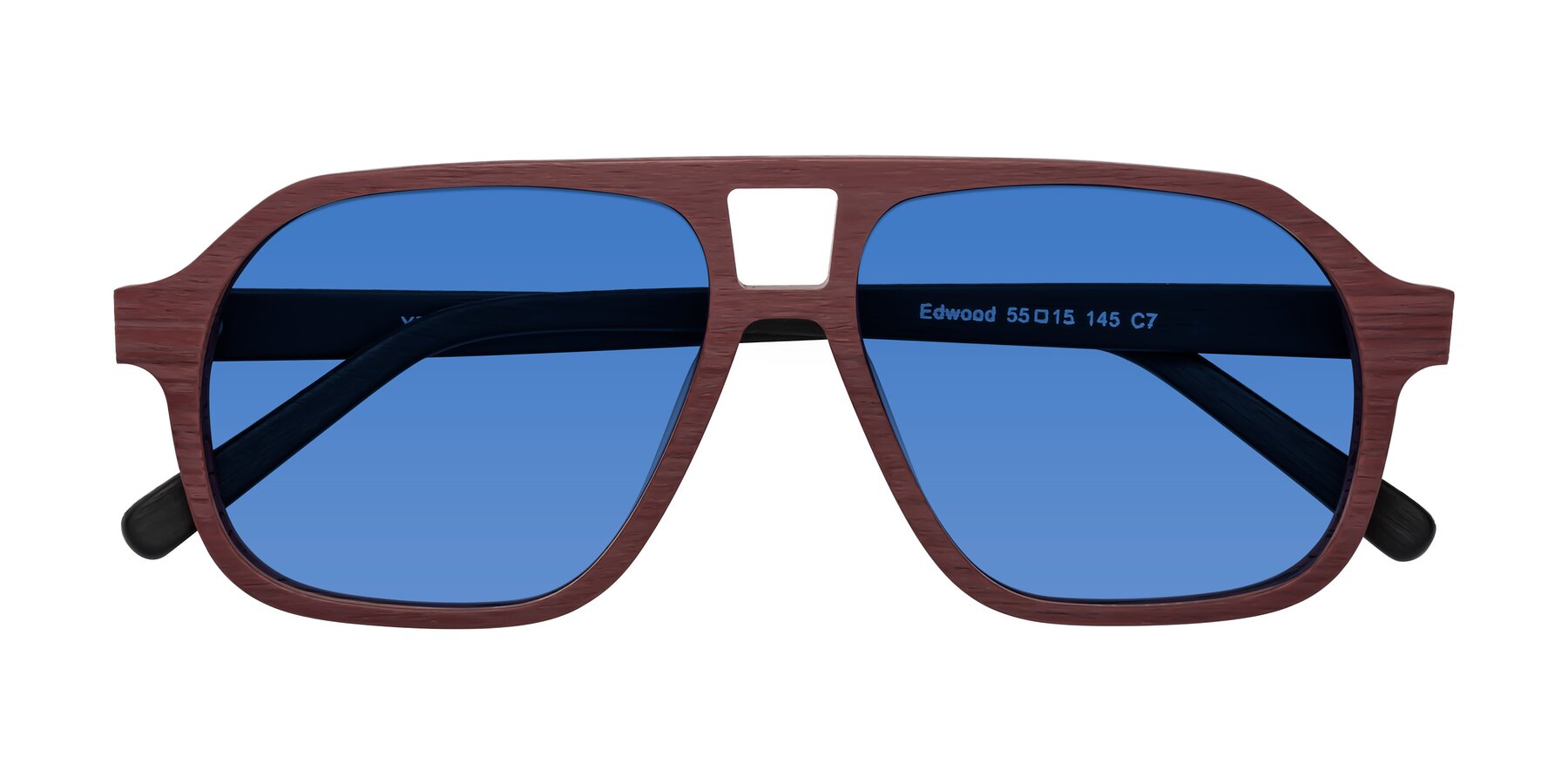 Folded Front of Edwood in Burgundy-Black Woodgrain with Blue Tinted Lenses