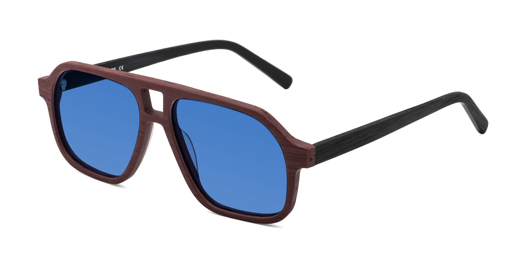 Angle of Edwood in Burgundy-Black Woodgrain with Blue Tinted Lenses