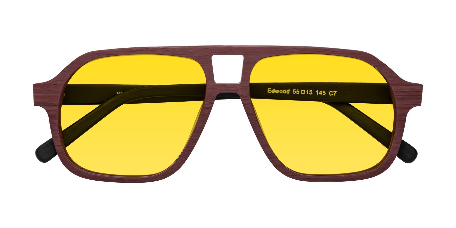 Folded Front of Edwood in Burgundy-Black Woodgrain with Yellow Tinted Lenses