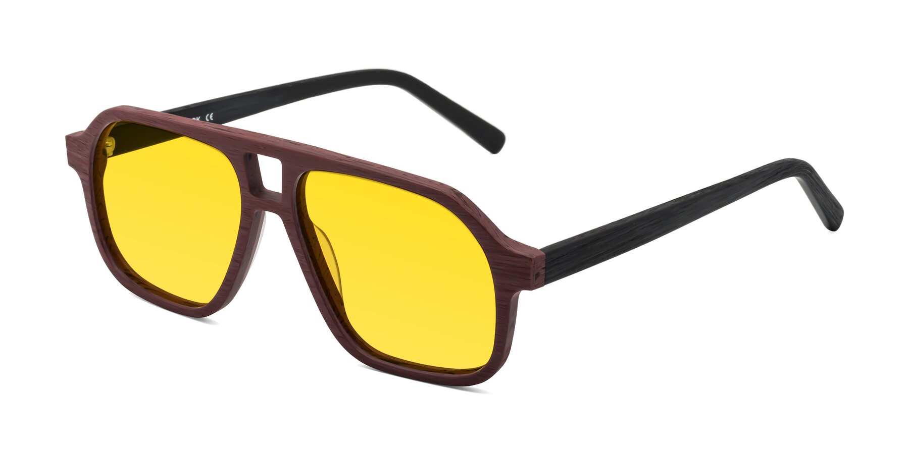 Angle of Edwood in Burgundy-Black Woodgrain with Yellow Tinted Lenses