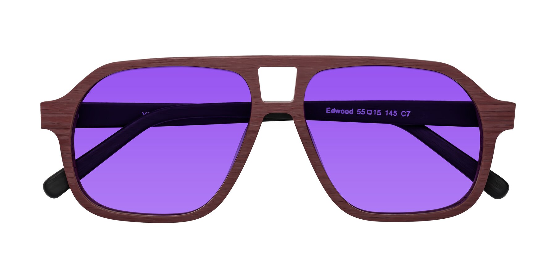 Folded Front of Edwood in Burgundy-Black Woodgrain with Purple Tinted Lenses