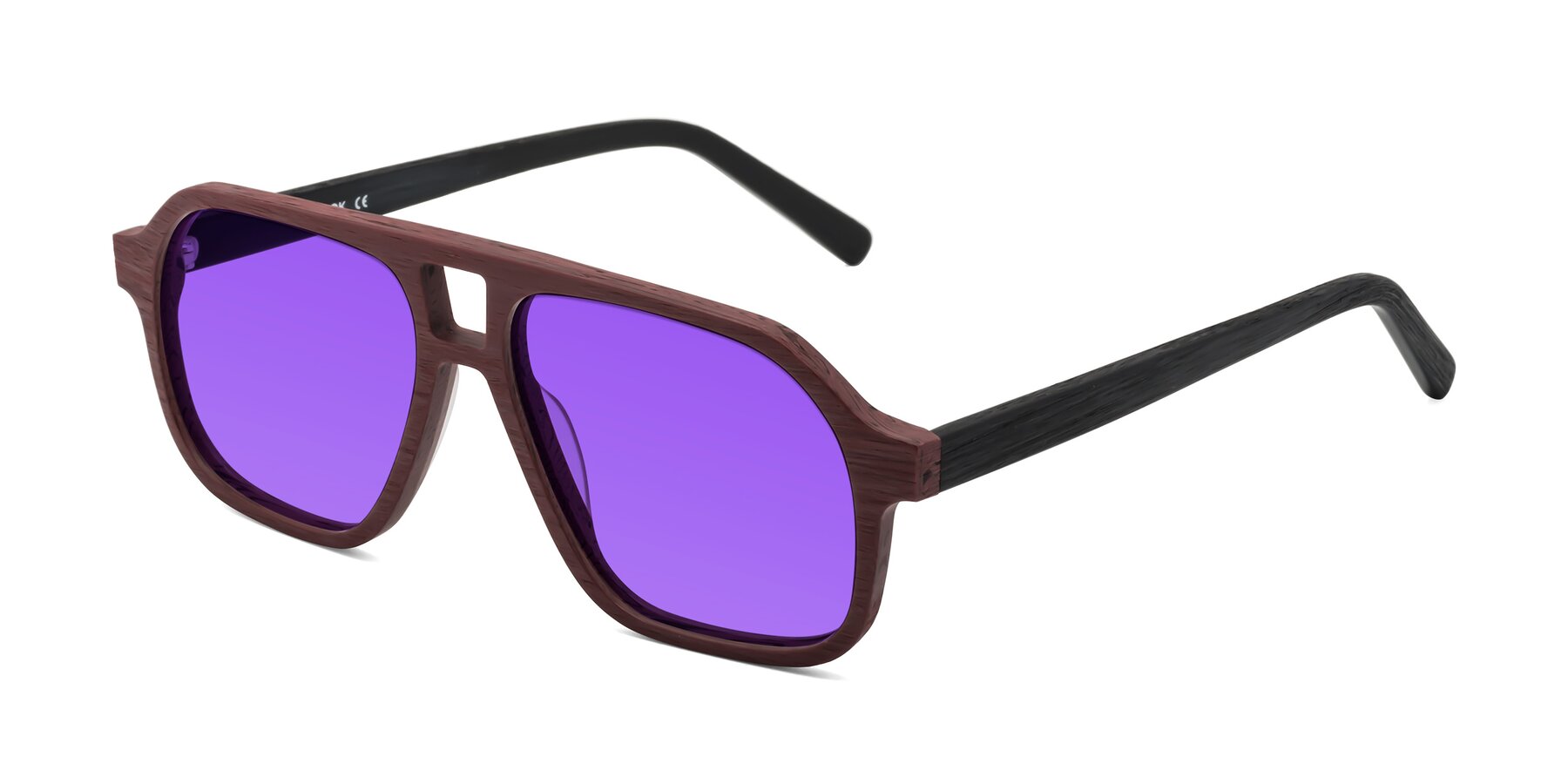 Angle of Edwood in Burgundy-Black Woodgrain with Purple Tinted Lenses