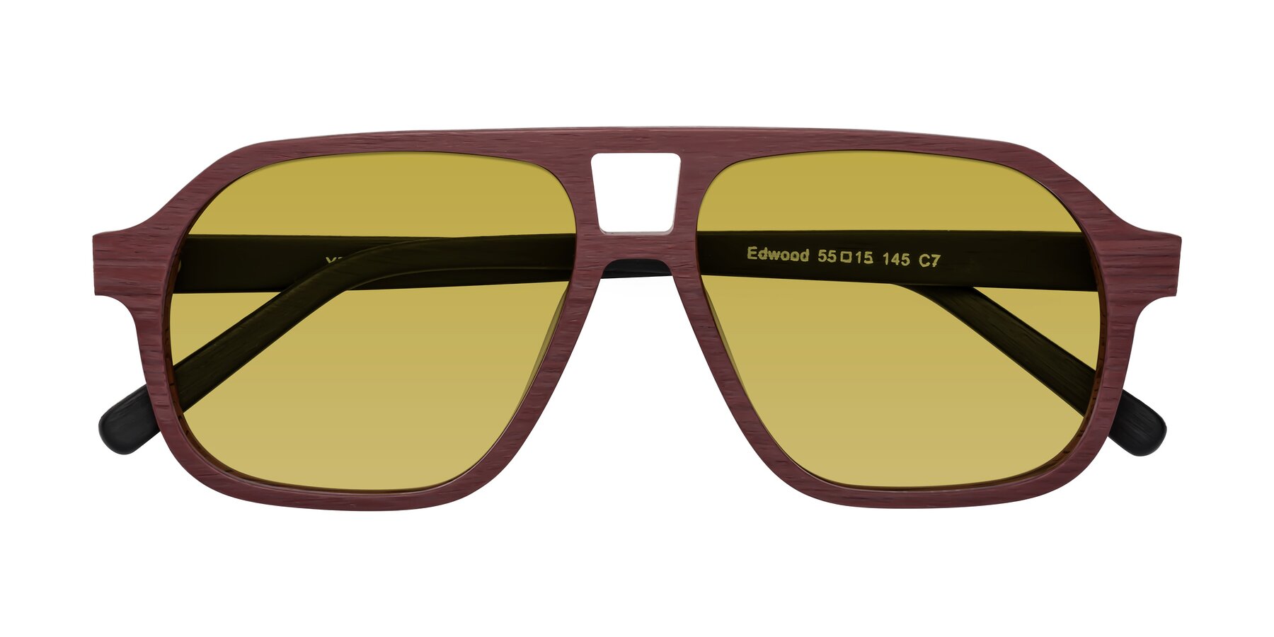 Folded Front of Edwood in Burgundy-Black Woodgrain with Champagne Tinted Lenses