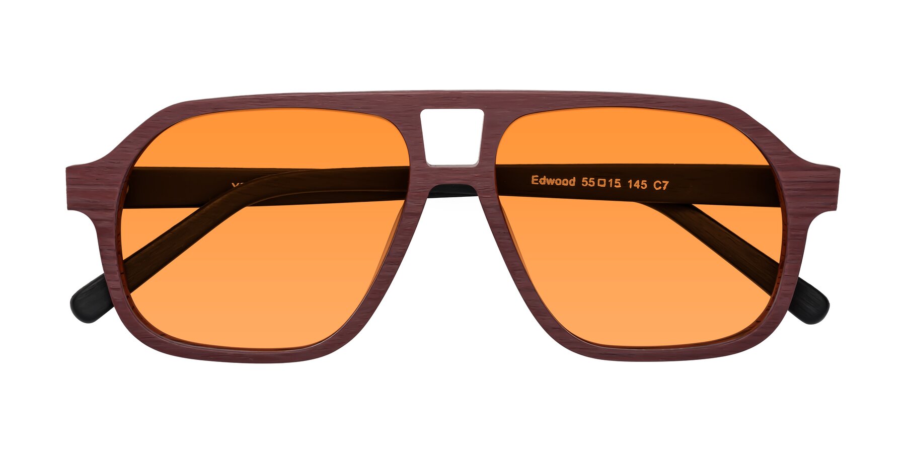 Folded Front of Edwood in Burgundy-Black Woodgrain with Orange Tinted Lenses