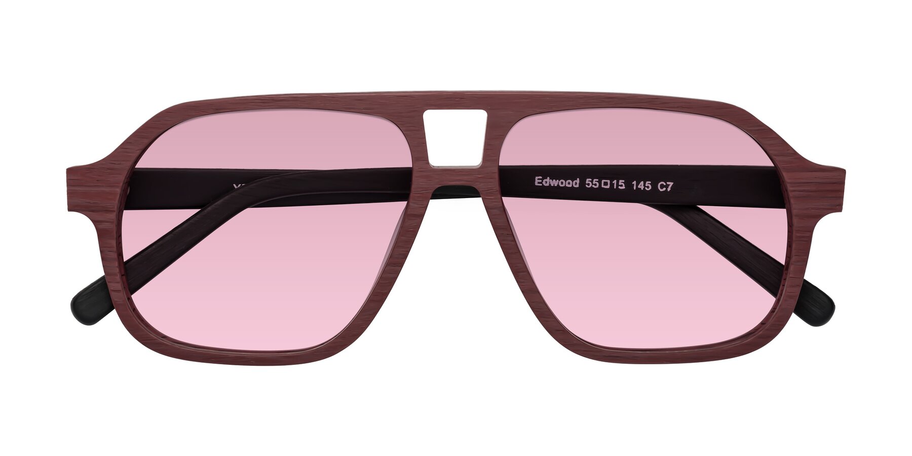 Folded Front of Edwood in Burgundy-Black Woodgrain with Light Wine Tinted Lenses