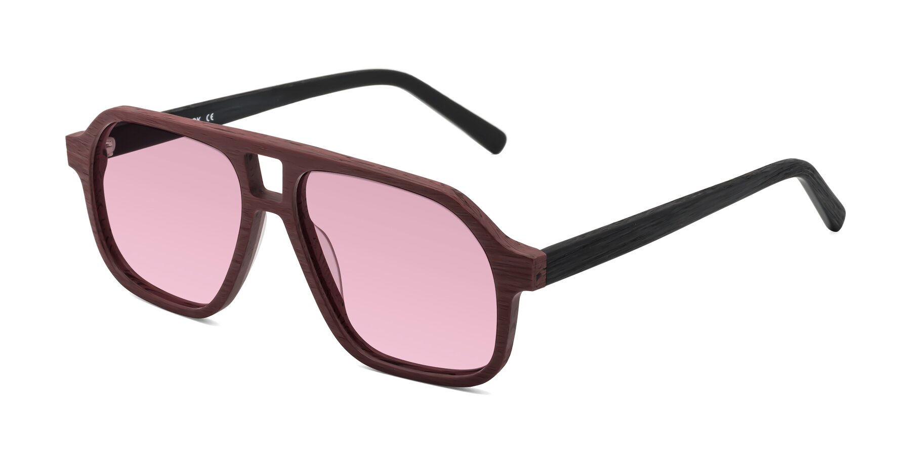 Angle of Edwood in Burgundy-Black Woodgrain with Light Wine Tinted Lenses