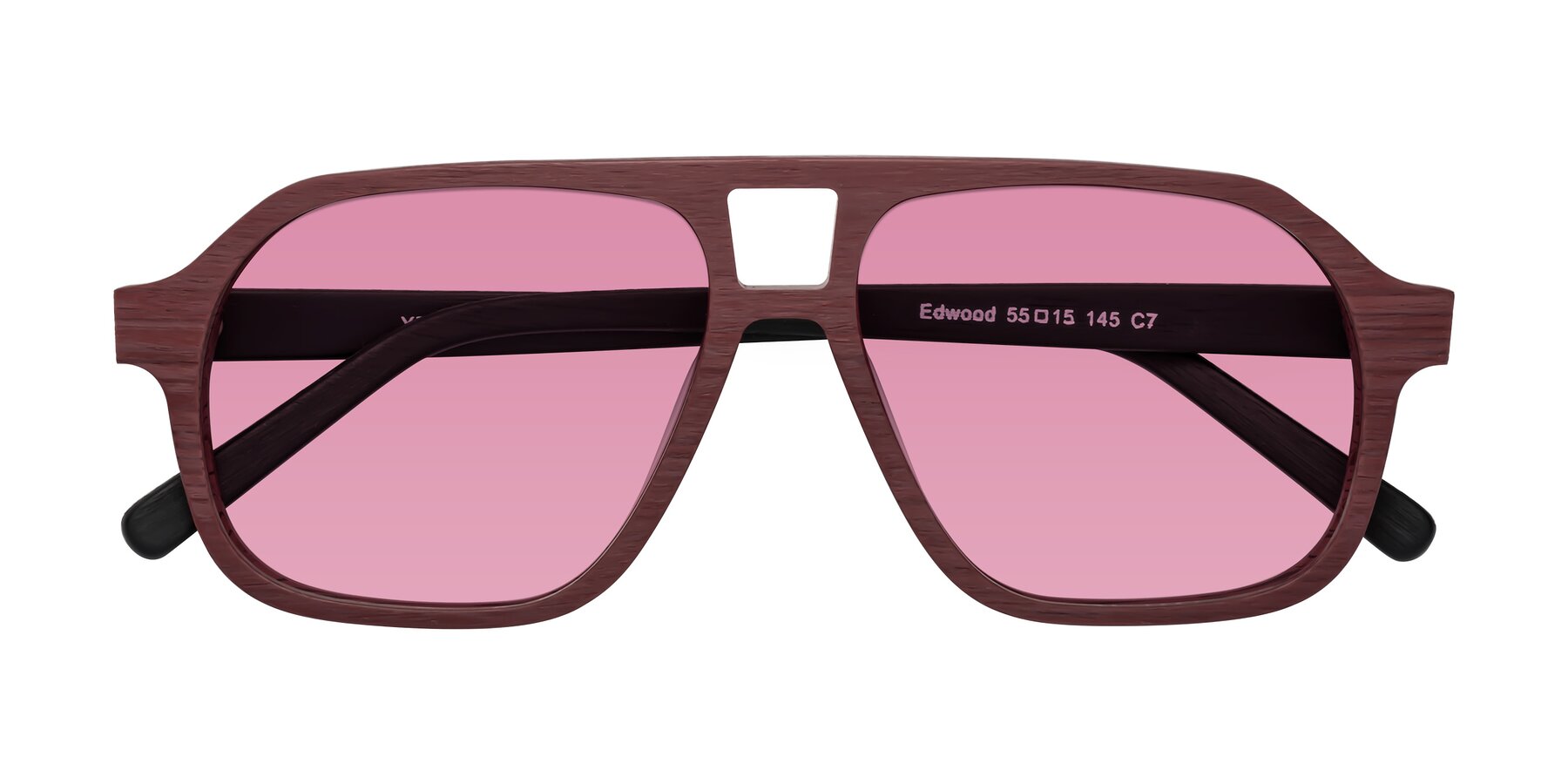 Folded Front of Edwood in Burgundy-Black Woodgrain with Medium Wine Tinted Lenses