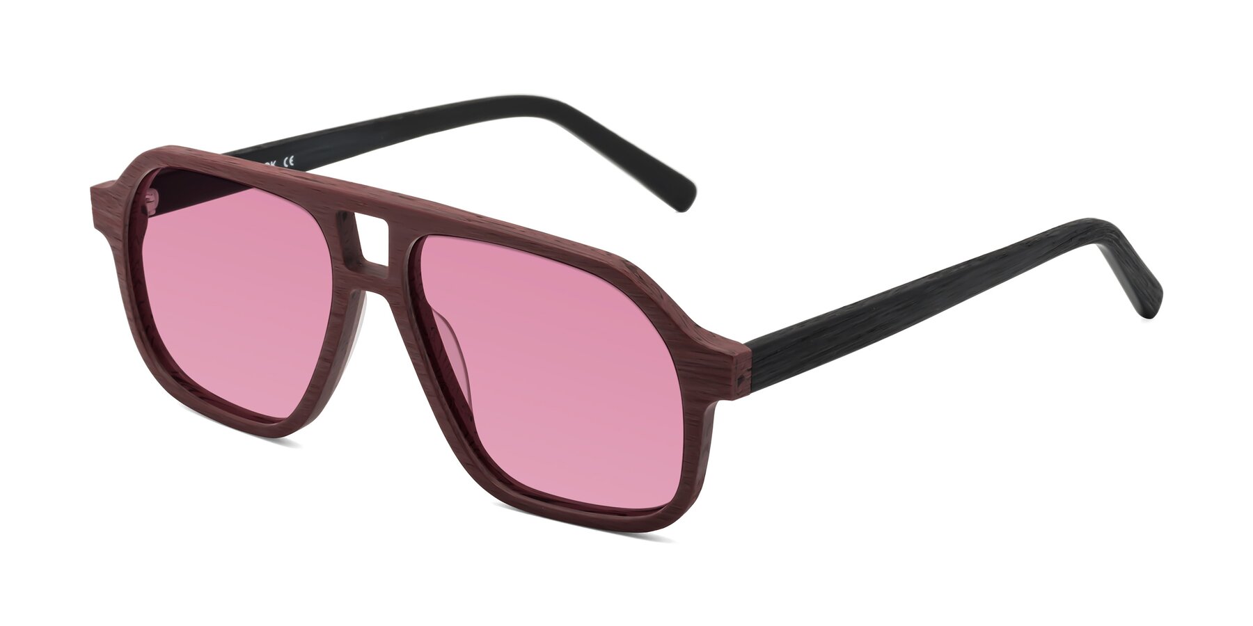 Angle of Edwood in Burgundy-Black Woodgrain with Medium Wine Tinted Lenses