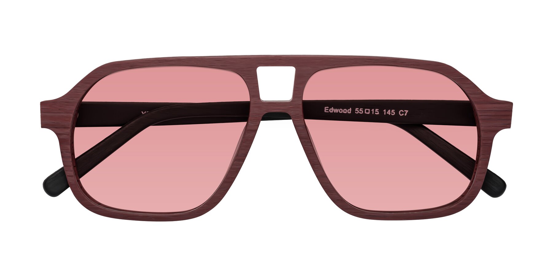 Folded Front of Edwood in Burgundy-Black Woodgrain with Medium Garnet Tinted Lenses