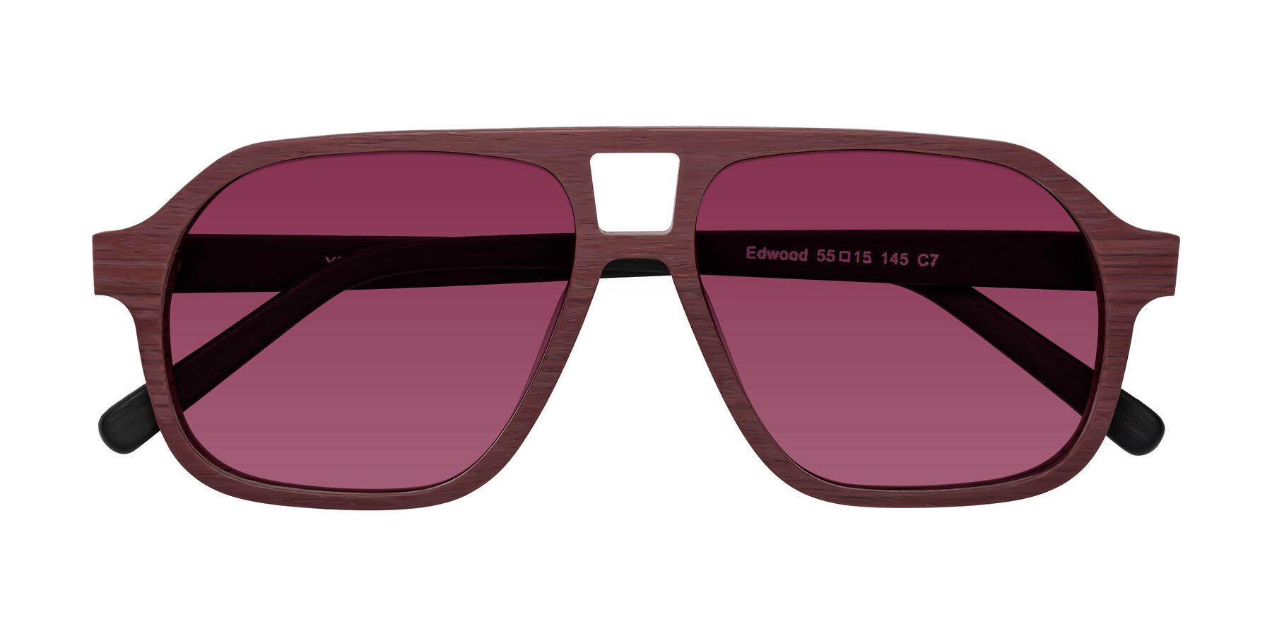 Folded Front of Edwood in Burgundy-Black Woodgrain with Wine Tinted Lenses