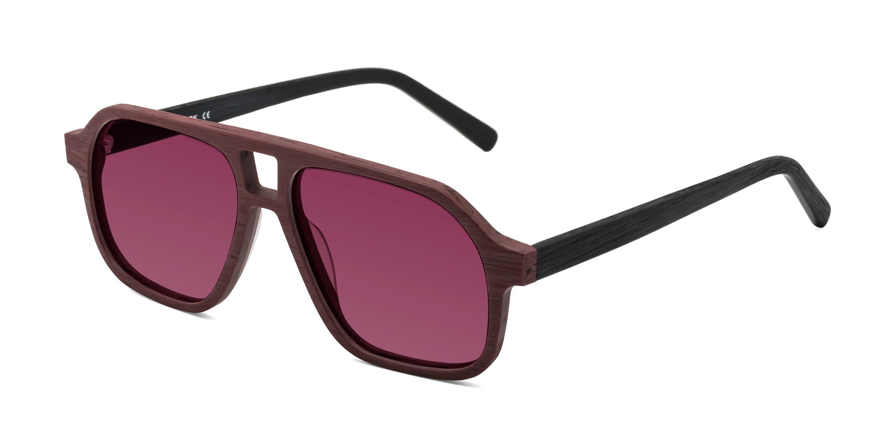 Angle of Edwood in Burgundy-Black Woodgrain with Wine Tinted Lenses