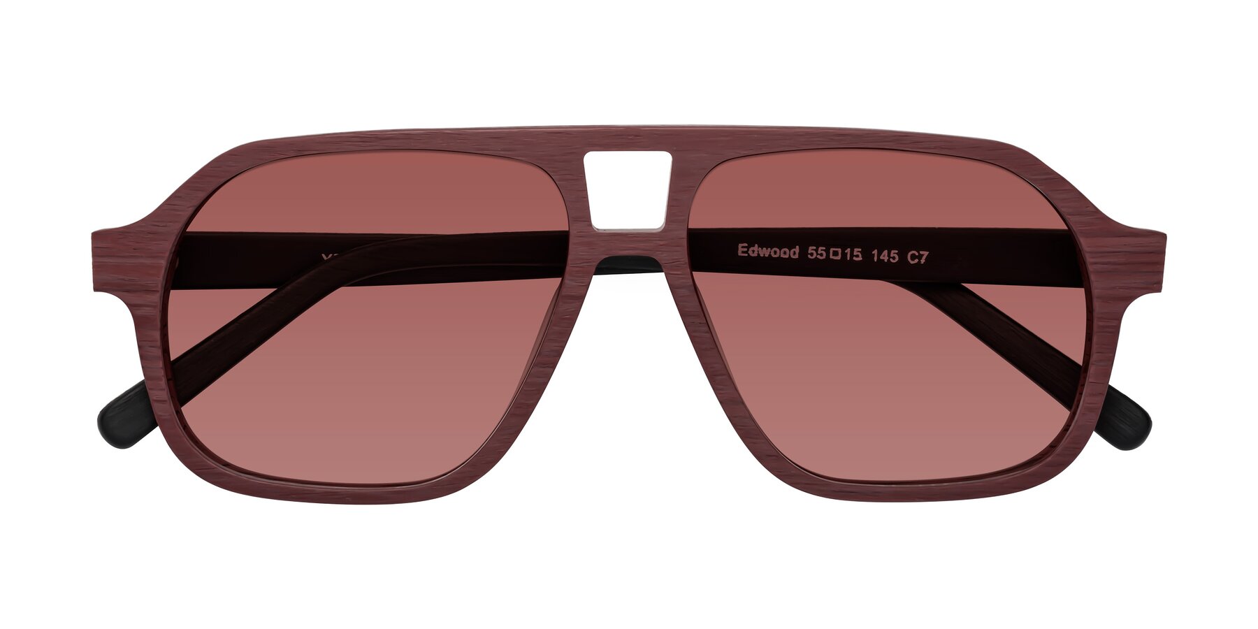 Folded Front of Edwood in Burgundy-Black Woodgrain with Garnet Tinted Lenses