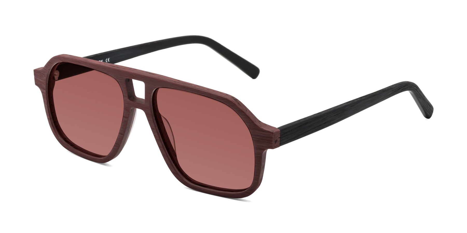 Angle of Edwood in Burgundy-Black Woodgrain with Garnet Tinted Lenses