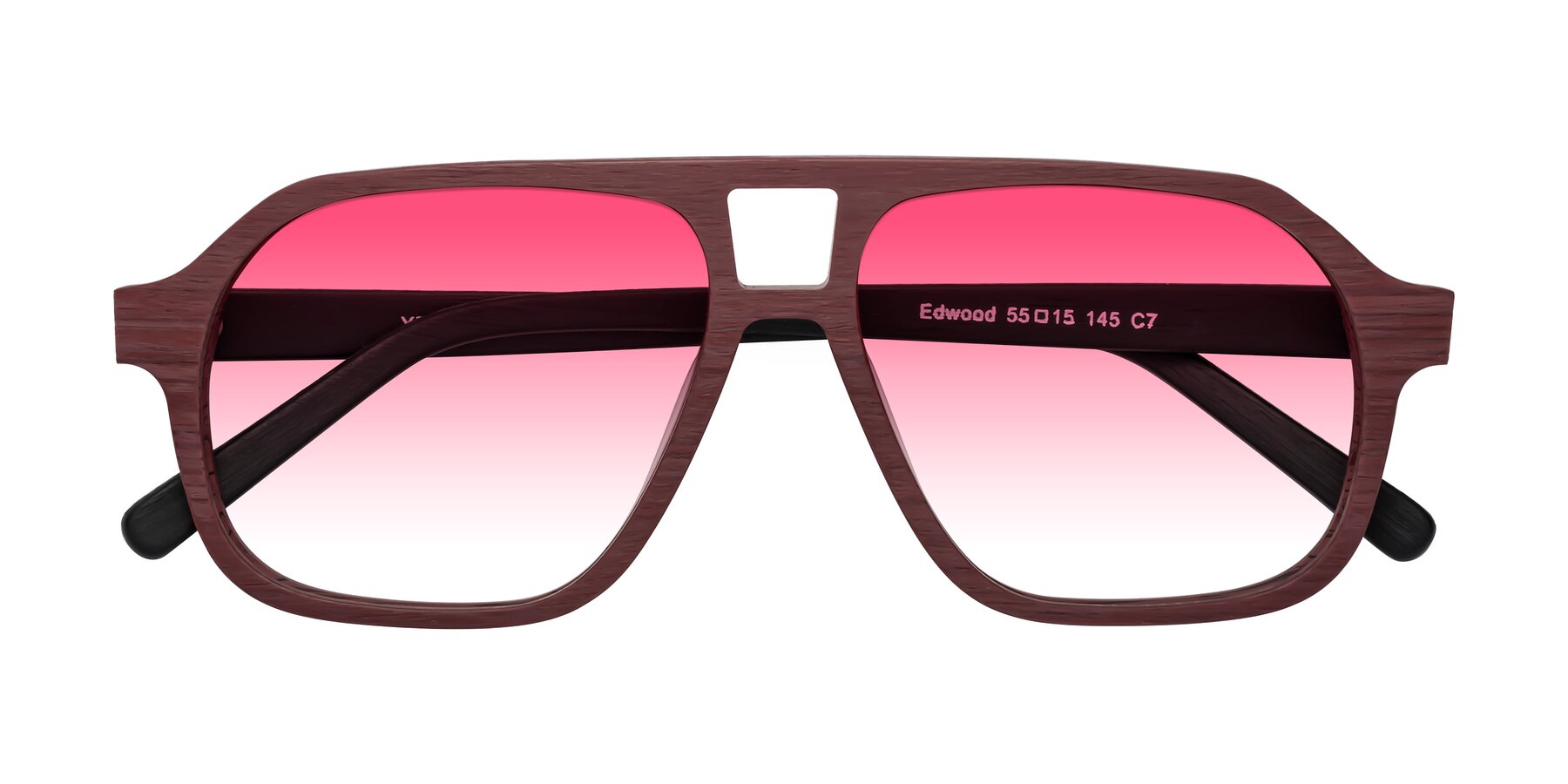 Folded Front of Edwood in Burgundy-Black Woodgrain with Pink Gradient Lenses