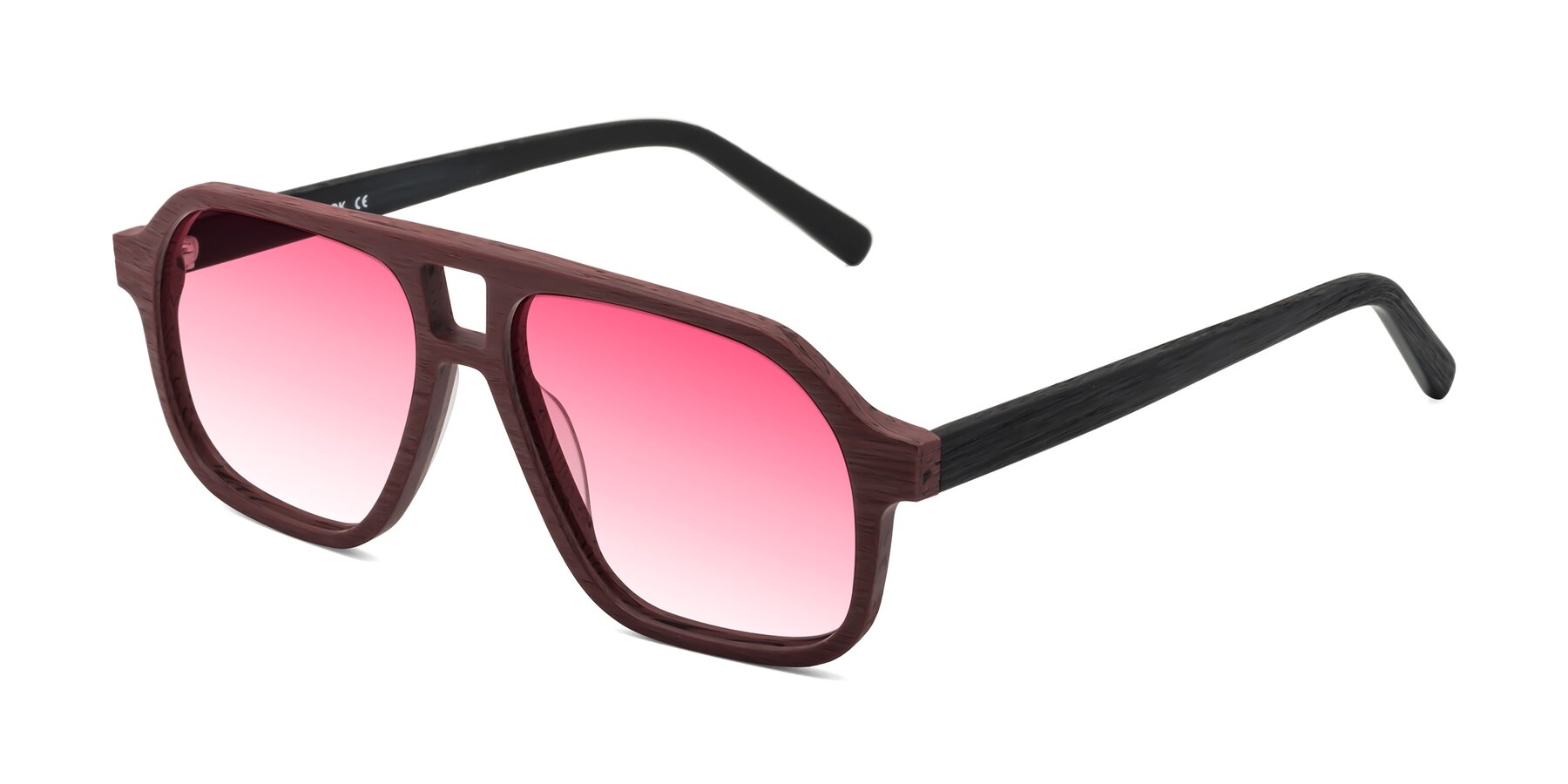 Angle of Edwood in Burgundy-Black Woodgrain with Pink Gradient Lenses