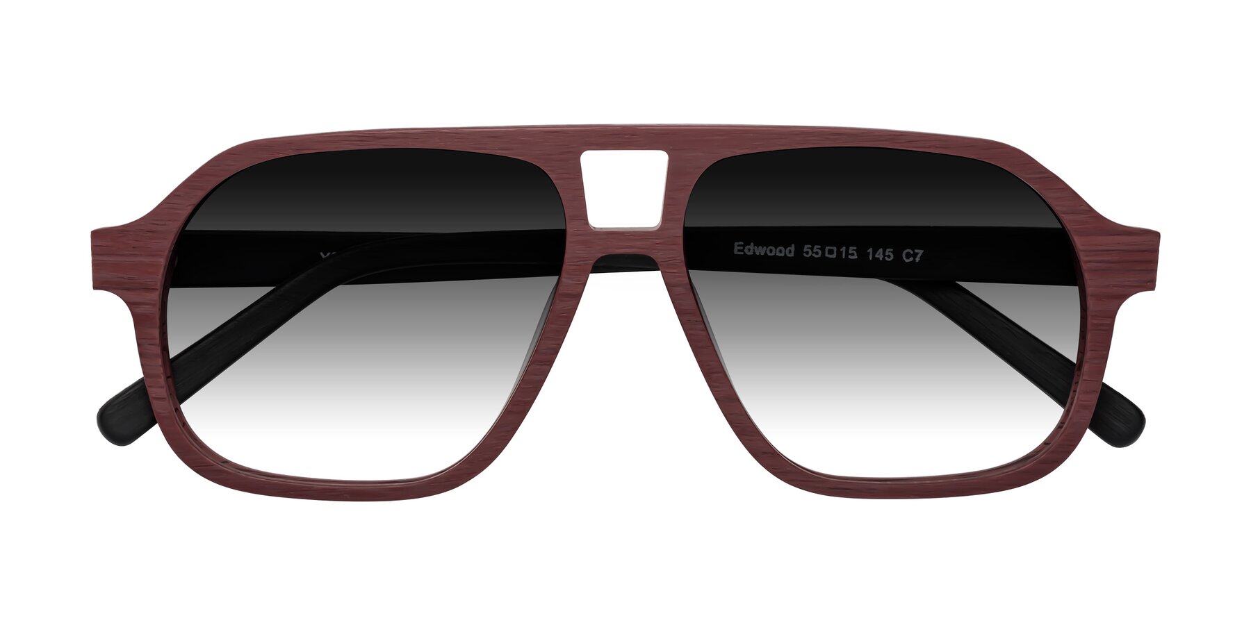 Folded Front of Edwood in Burgundy-Black Woodgrain with Gray Gradient Lenses