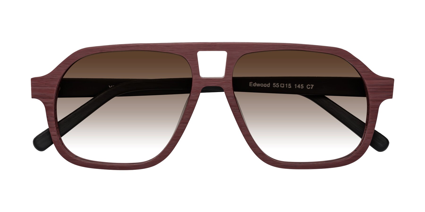 Folded Front of Edwood in Burgundy-Black Woodgrain with Brown Gradient Lenses