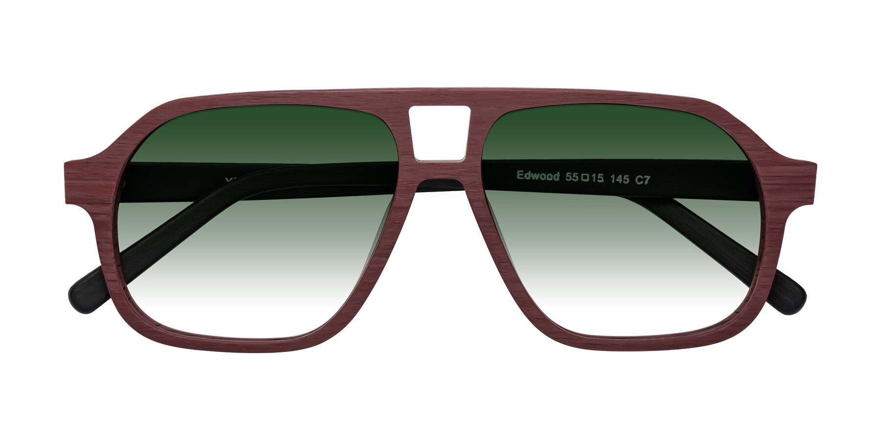 Folded Front of Edwood in Burgundy-Black Woodgrain with Green Gradient Lenses