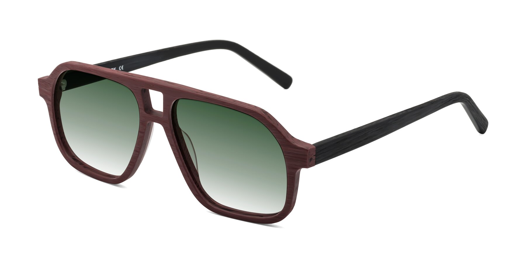 Angle of Edwood in Burgundy-Black Woodgrain with Green Gradient Lenses