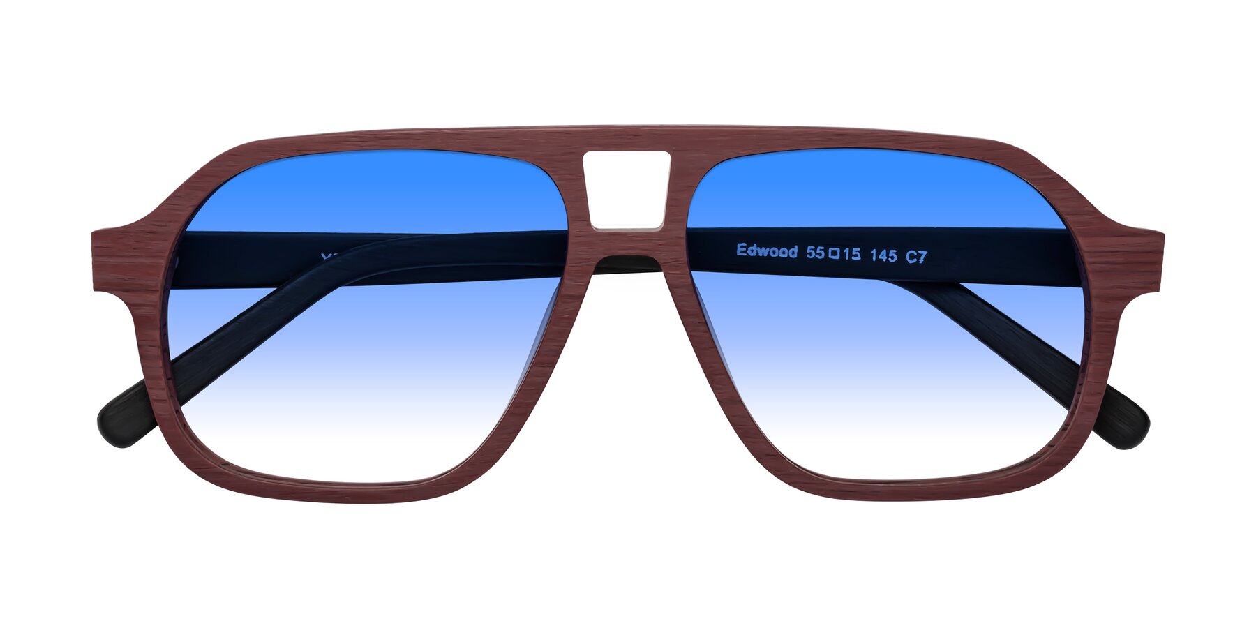 Folded Front of Edwood in Burgundy-Black Woodgrain with Blue Gradient Lenses