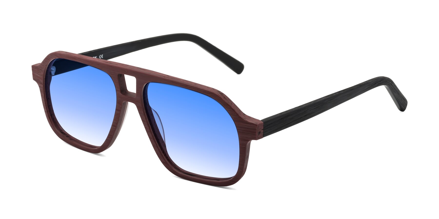 Angle of Edwood in Burgundy-Black Woodgrain with Blue Gradient Lenses