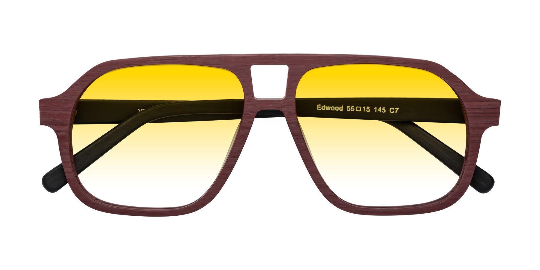 Folded Front of Edwood in Burgundy-Black Woodgrain with Yellow Gradient Lenses