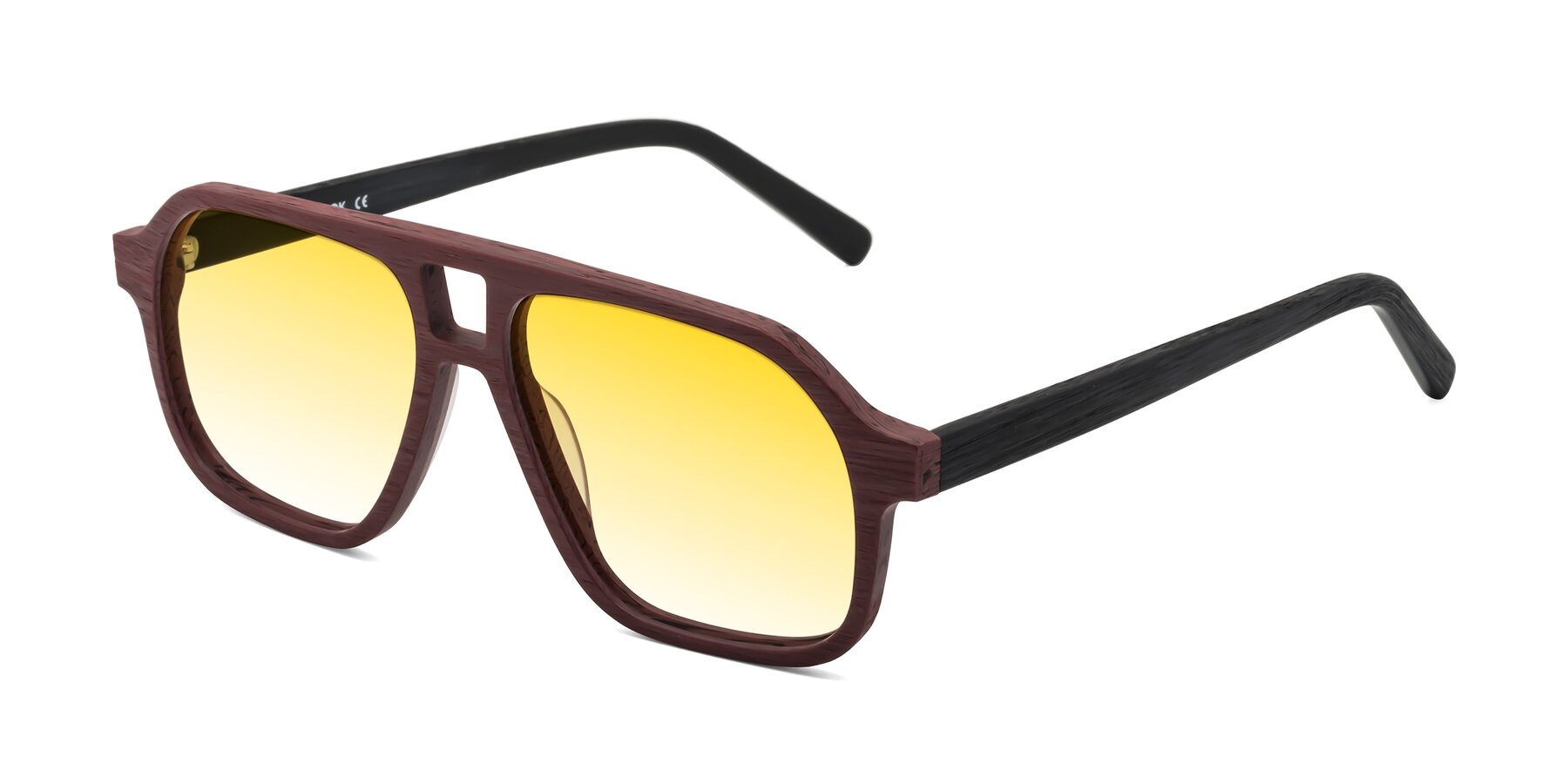 Angle of Edwood in Burgundy-Black Woodgrain with Yellow Gradient Lenses