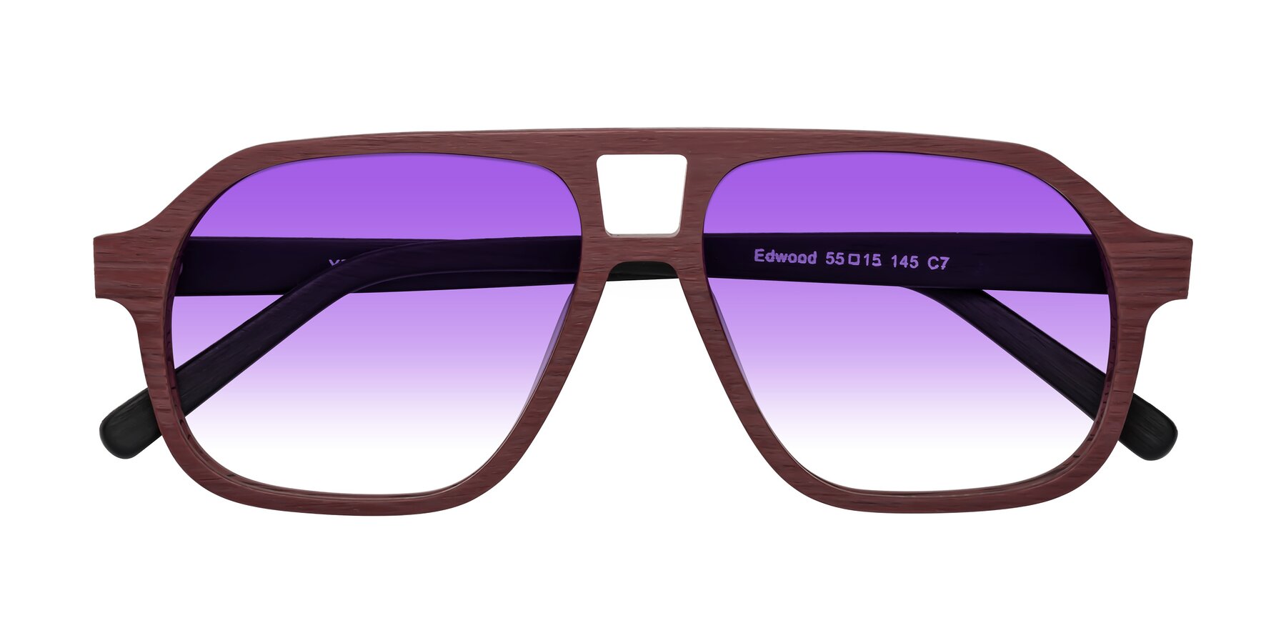 Folded Front of Edwood in Burgundy-Black Woodgrain with Purple Gradient Lenses