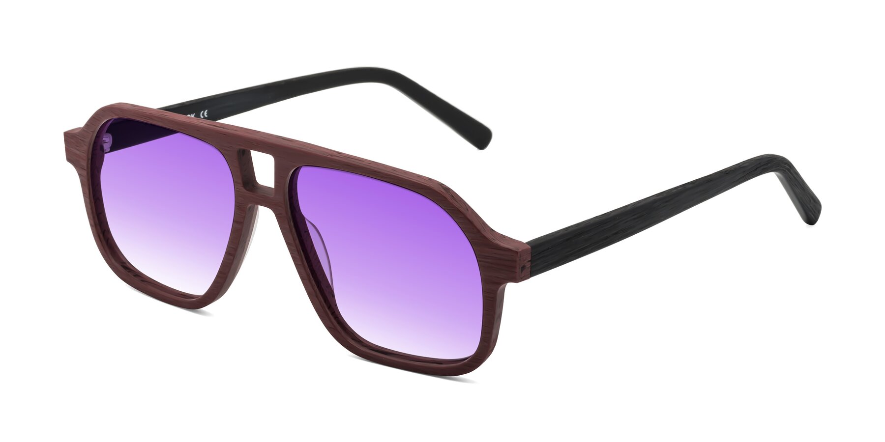 Angle of Edwood in Burgundy-Black Woodgrain with Purple Gradient Lenses