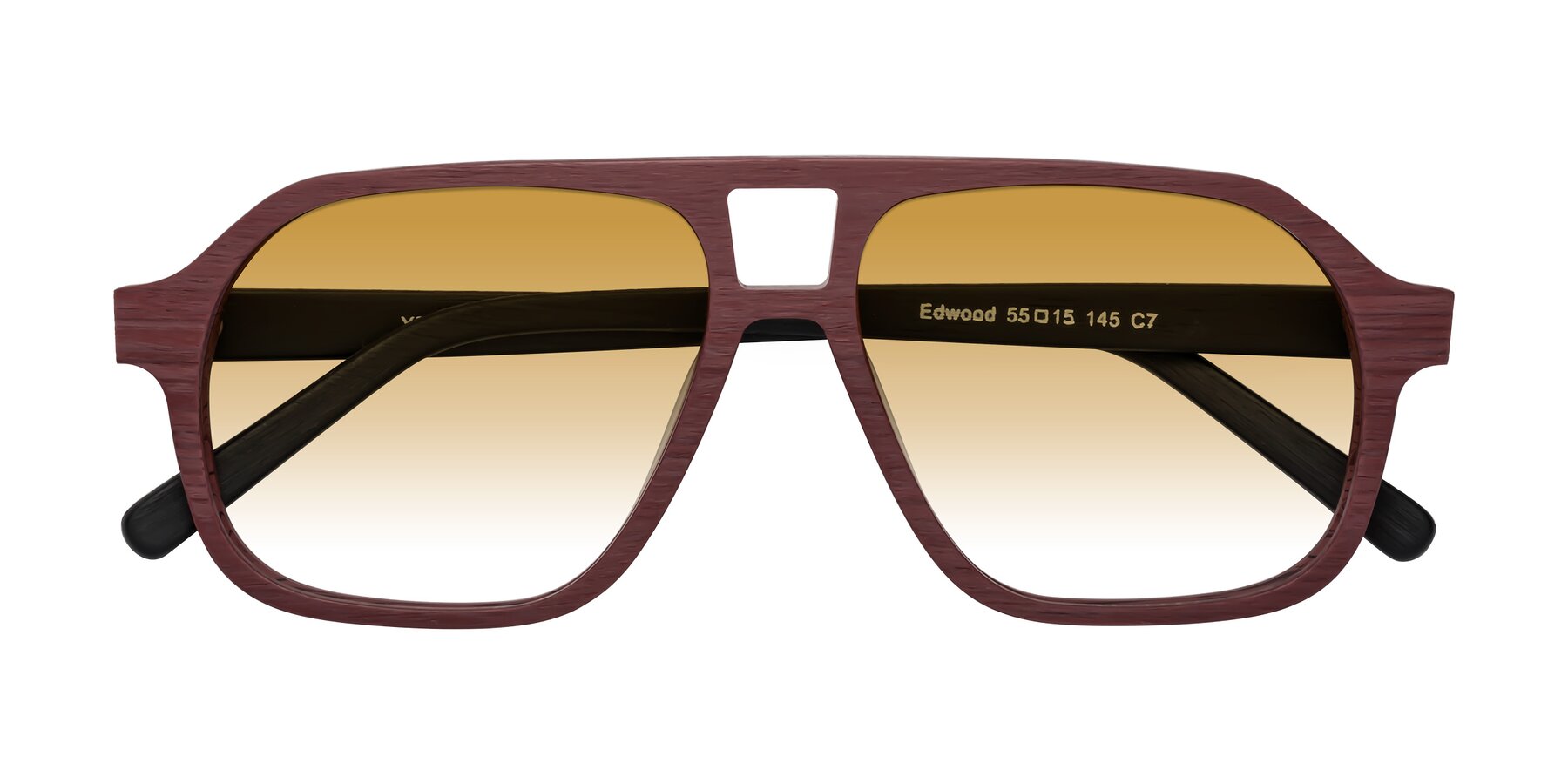 Folded Front of Edwood in Burgundy-Black Woodgrain with Champagne Gradient Lenses