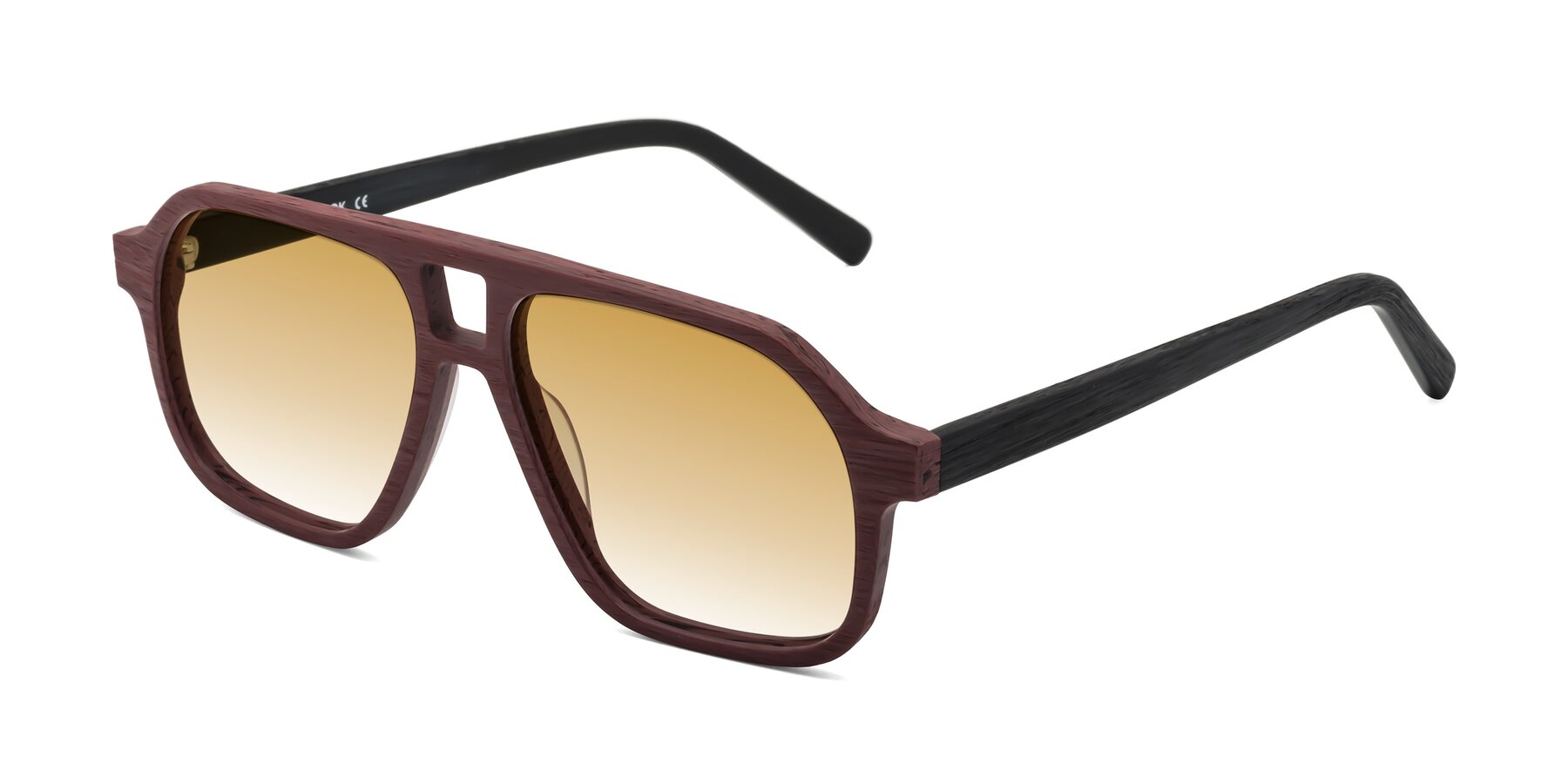 Angle of Edwood in Burgundy-Black Woodgrain with Champagne Gradient Lenses