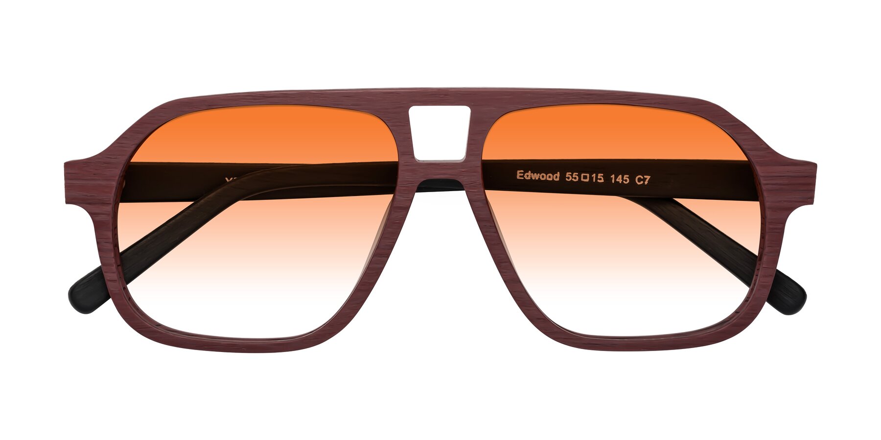 Folded Front of Edwood in Burgundy-Black Woodgrain with Orange Gradient Lenses