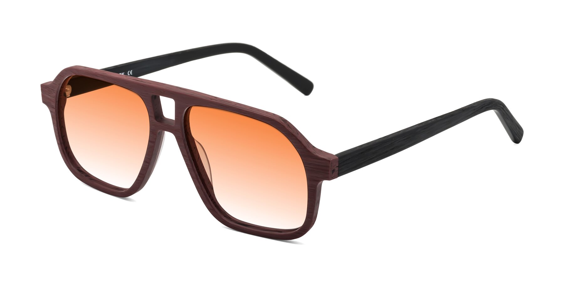 Angle of Edwood in Burgundy-Black Woodgrain with Orange Gradient Lenses