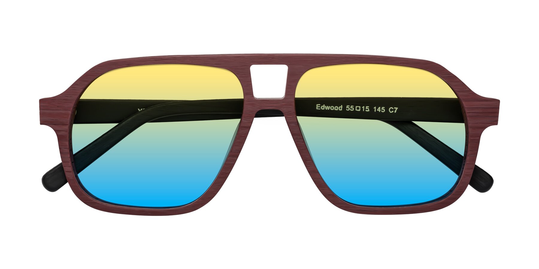 Folded Front of Edwood in Burgundy-Black Woodgrain with Yellow / Blue Gradient Lenses