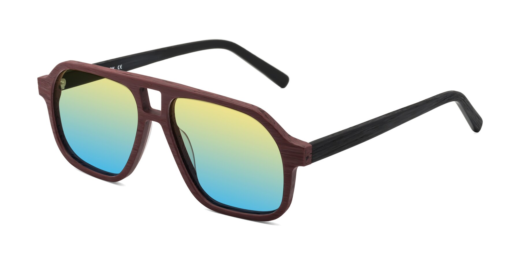 Angle of Edwood in Burgundy-Black Woodgrain with Yellow / Blue Gradient Lenses